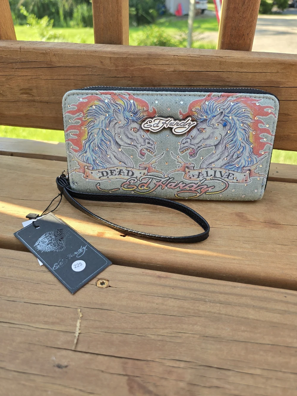 Ed Hardy Zip-Around Wristlet Wallet in Light Blue with Multi-Color Design